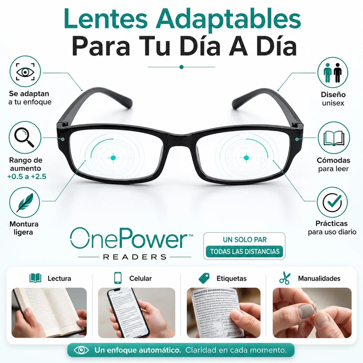 Gafas Adaptables OnePower™ +0.5 a +2.5 — Un Solo Par Para Leer Más Claro