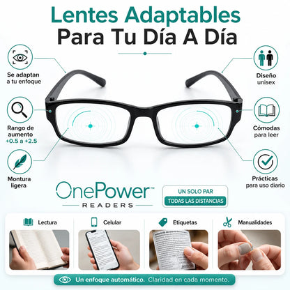Gafas Adaptables OnePower™ +0.5 a +2.5 — Un Solo Par Para Leer Más Claro