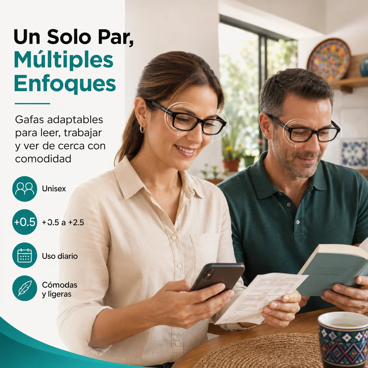 Gafas Adaptables OnePower™ +0.5 a +2.5 — Un Solo Par Para Leer Más Claro