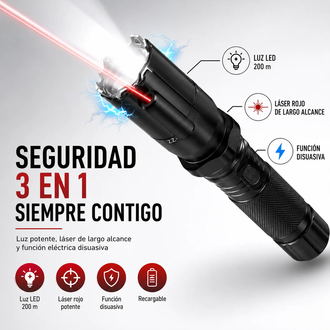 Linterna Táctica 3 En 1 — Luz LED 200 m, Láser Rojo y Protección Disuasiva