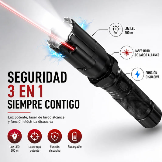 Linterna Táctica 3 En 1 — Luz LED 200 m, Láser Rojo y Protección Disuasiva