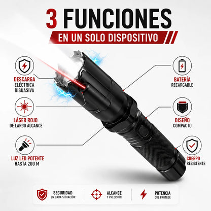Linterna Táctica 3 En 1 — Luz LED 200 m, Láser Rojo y Protección Disuasiva