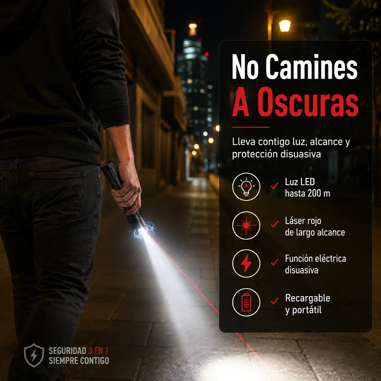 Linterna Táctica 3 En 1 — Luz LED 200 m, Láser Rojo y Protección Disuasiva