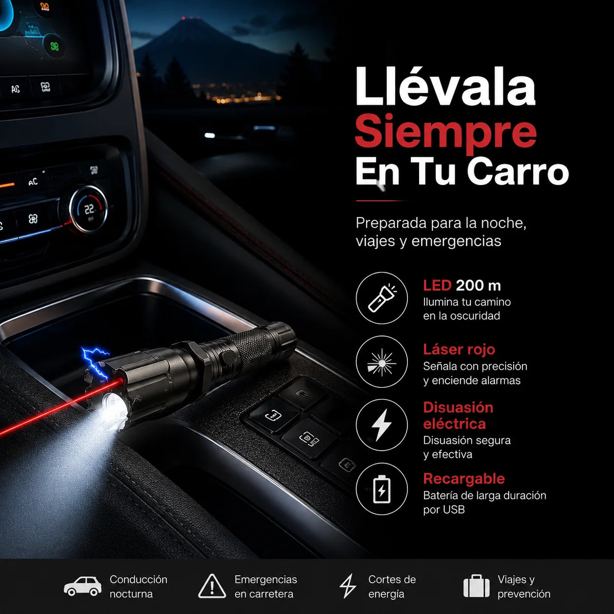 Linterna Táctica 3 En 1 — Luz LED 200 m, Láser Rojo y Protección Disuasiva